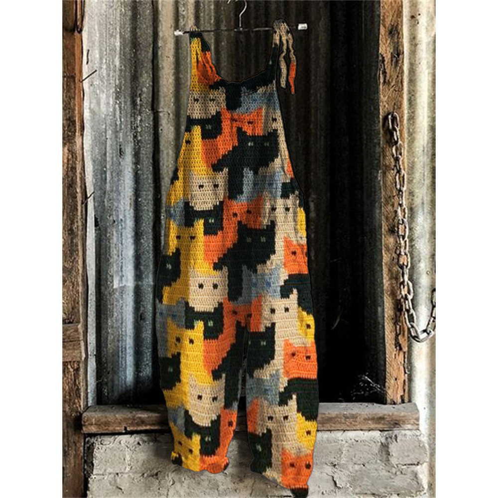 Colorful Cats Knit Art Loose Fit Jumpsuit