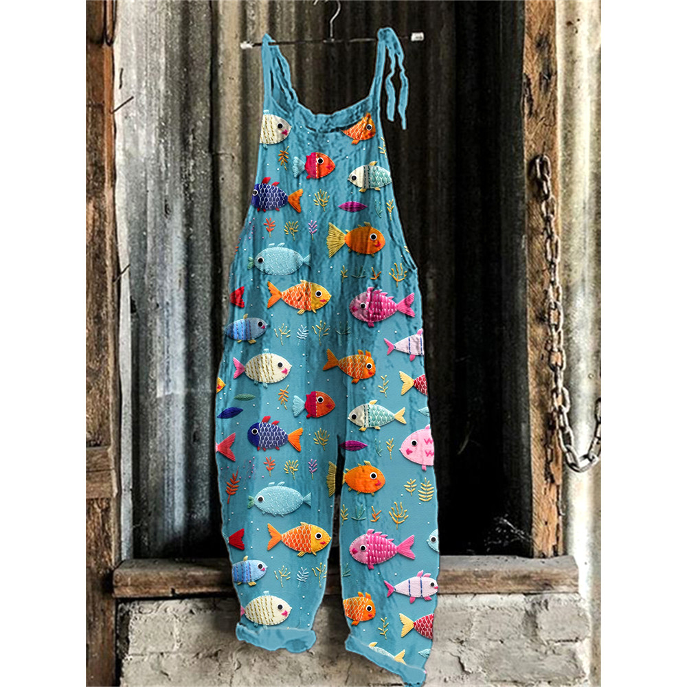Colorful Fish Art Print Linen Blend Casual Jumpsuit