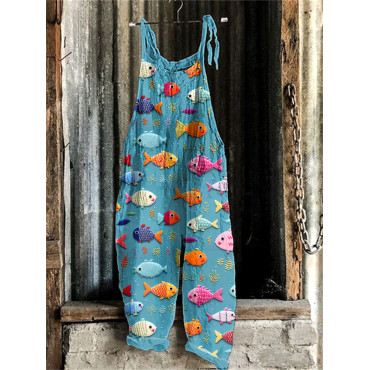 Colorful Fish Art Print Linen Blend Casual Jumpsuit