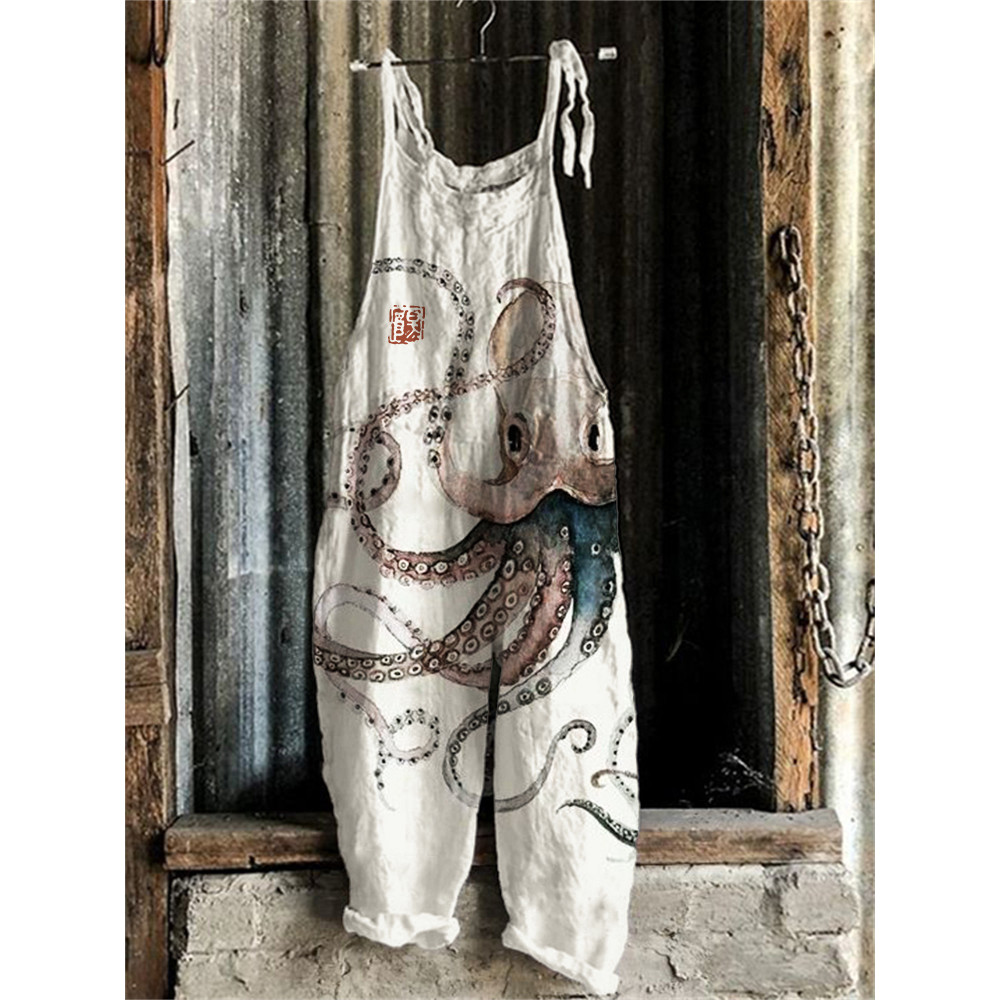 Colorful Octopus Watercolor Linen Blend Jumpsuit