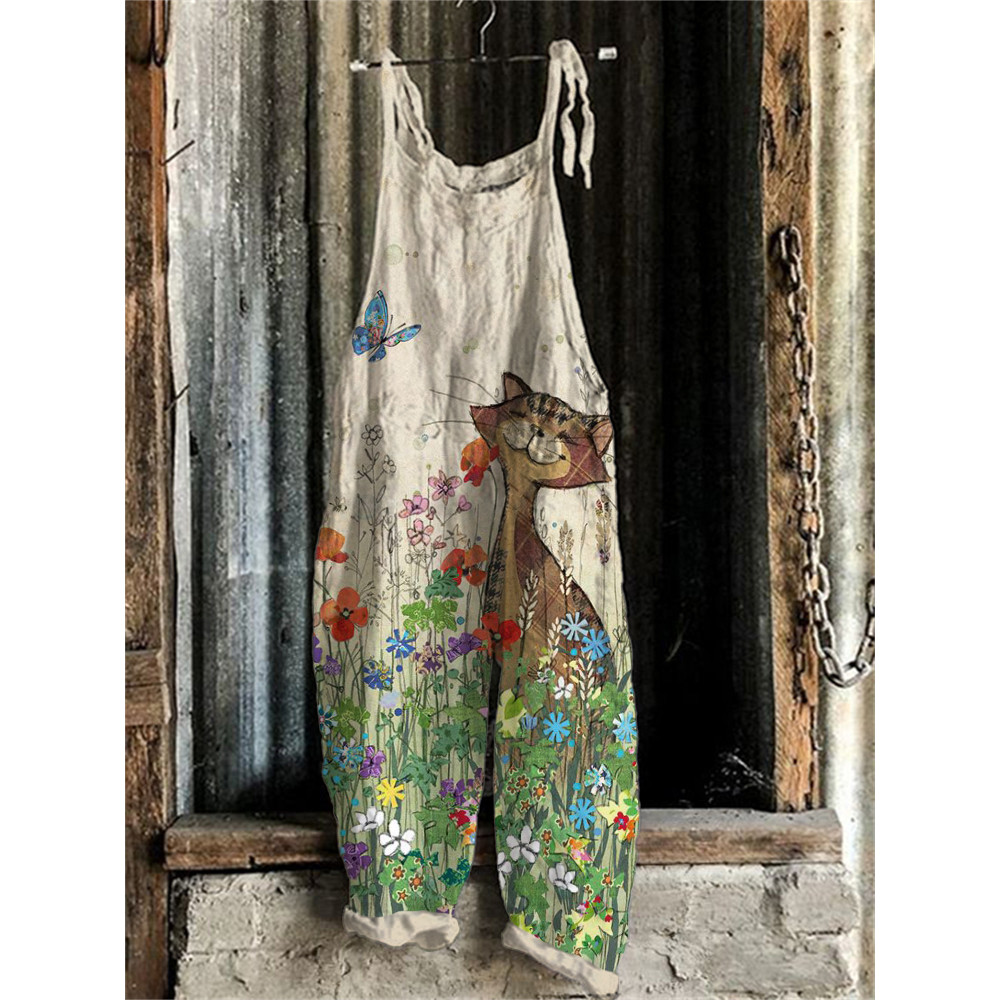 Country Cat & Butterfly Art Graphic Jumpsuit