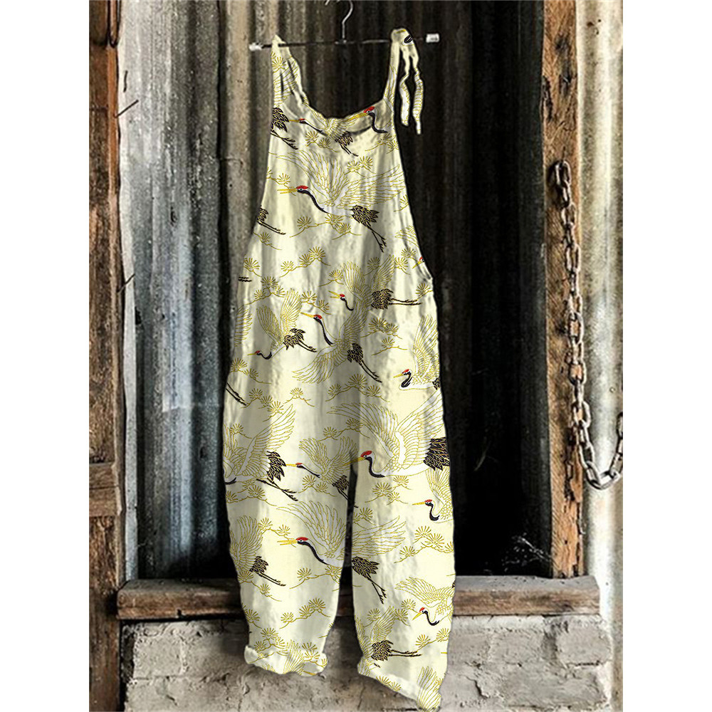 Cranes & Pine Trees Japanese Pattern Linen Blend Jumpsuit