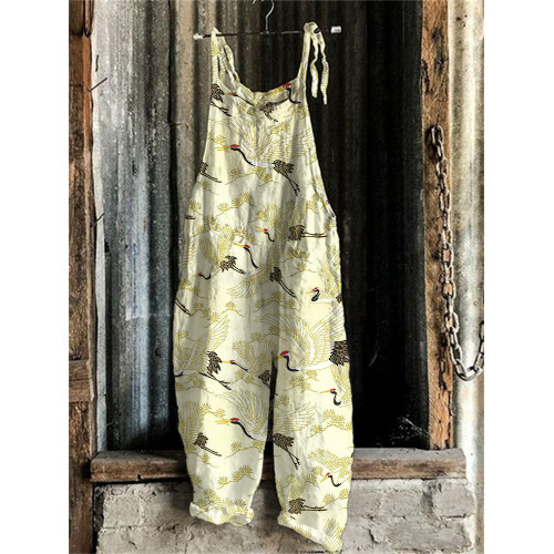 Cranes & Pine Trees Japanese Pattern Linen Blend Jumpsuit