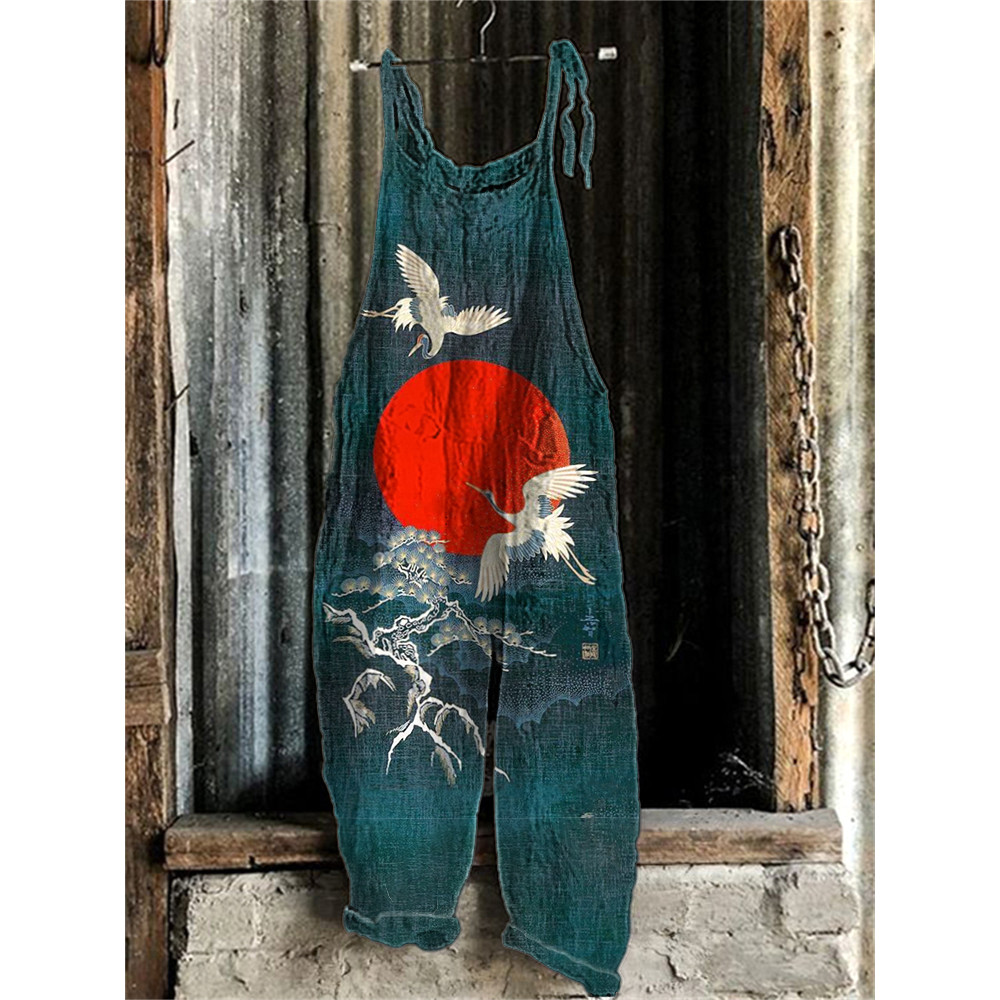 Cranes & Sunrise Japanese Art  Print Linen Blend Casual Jumpsuit