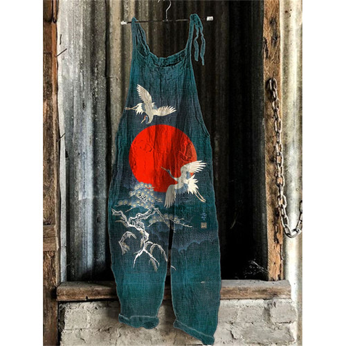 Cranes & Sunrise Japanese Art  Print Linen Blend Casual Jumpsuit
