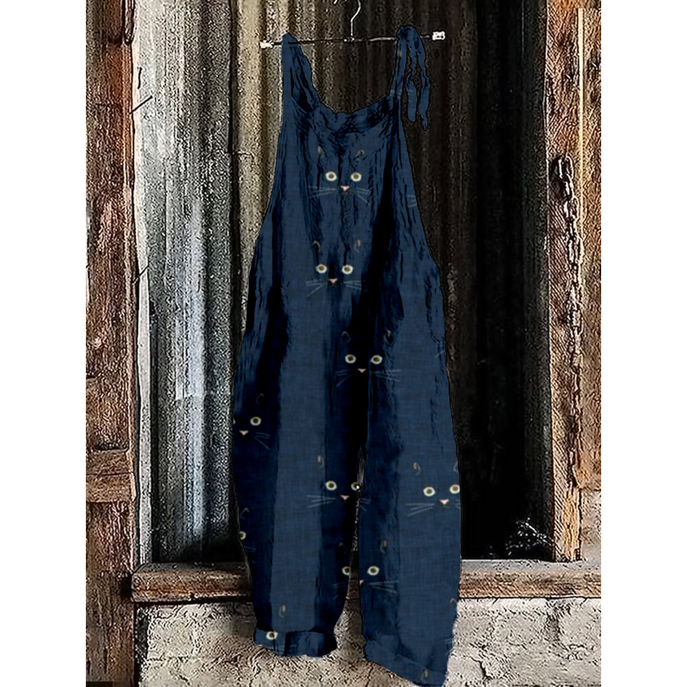 Cute Cat Face Pattern Loose Fit Comfy Jumpsuit