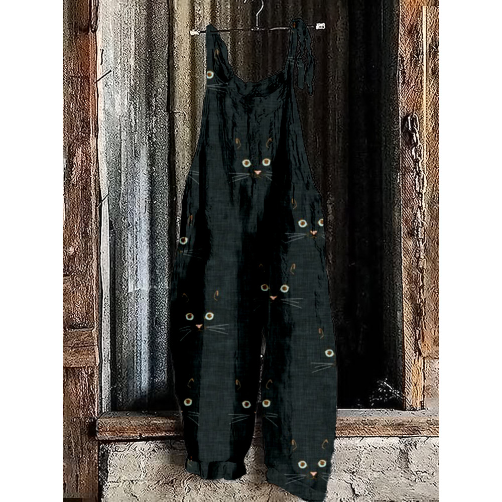 Cute Cat Face Pattern Loose Fit Comfy Jumpsuit