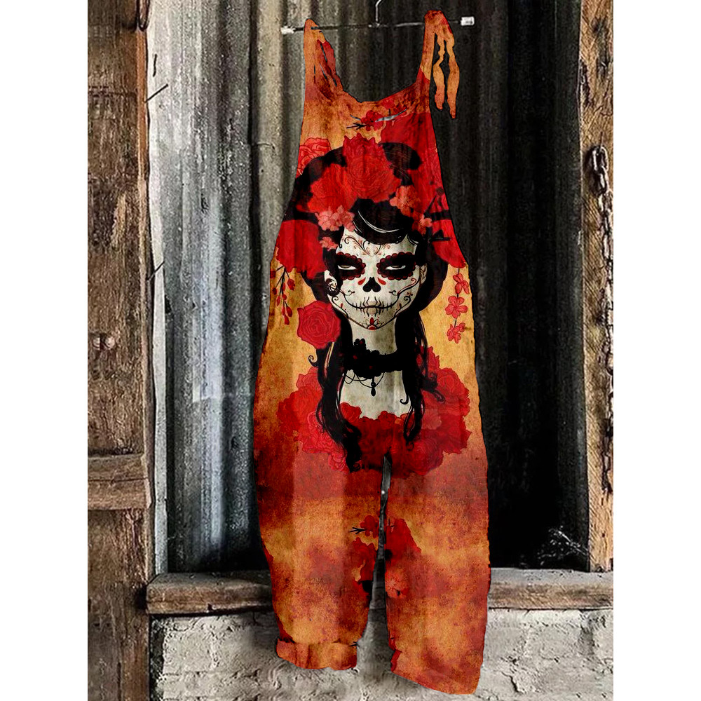Day of the Dead Floral Woman Art Loose Fit Jumpsuit