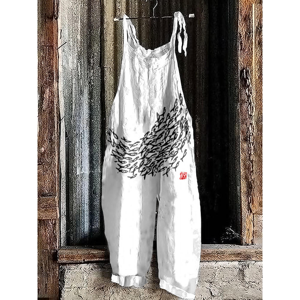 Fish Japanese Lino Art Linen Blend Cozy Jumpsuit