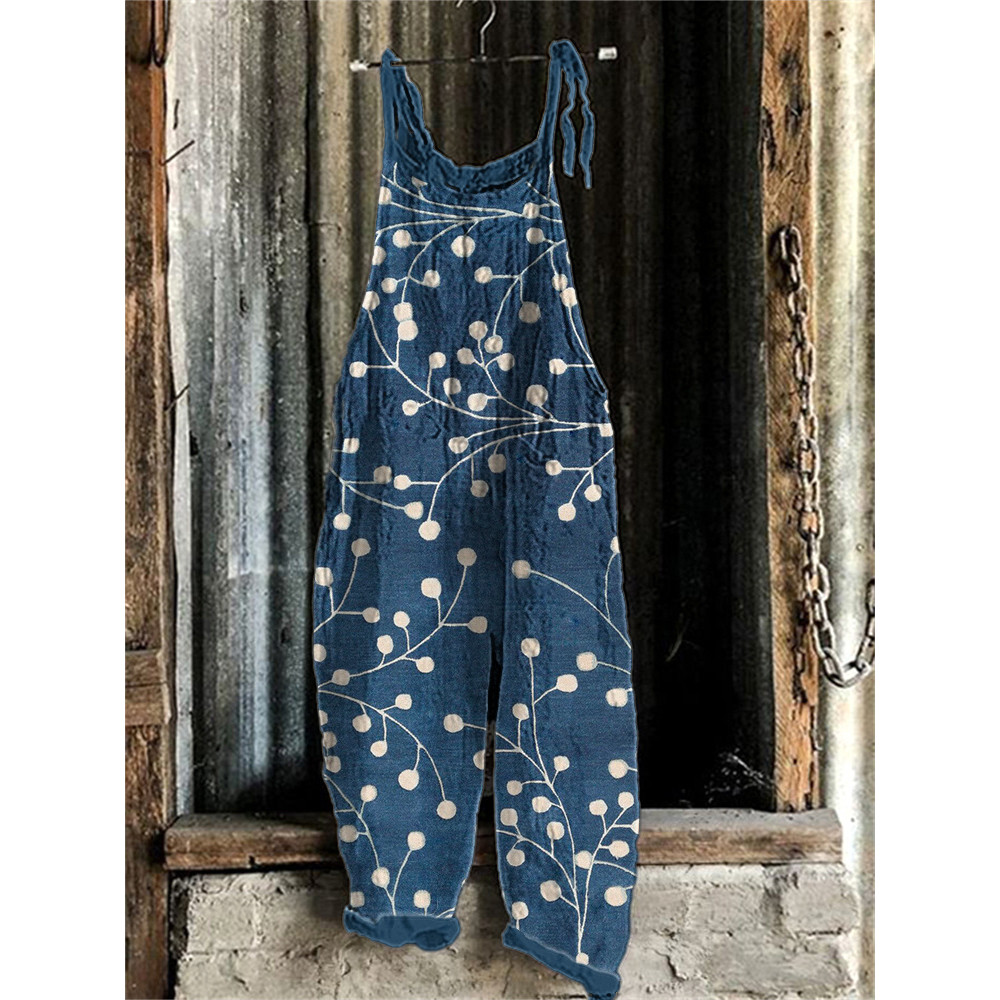 Floral Art Print Linen Blend Casual Jumpsuit