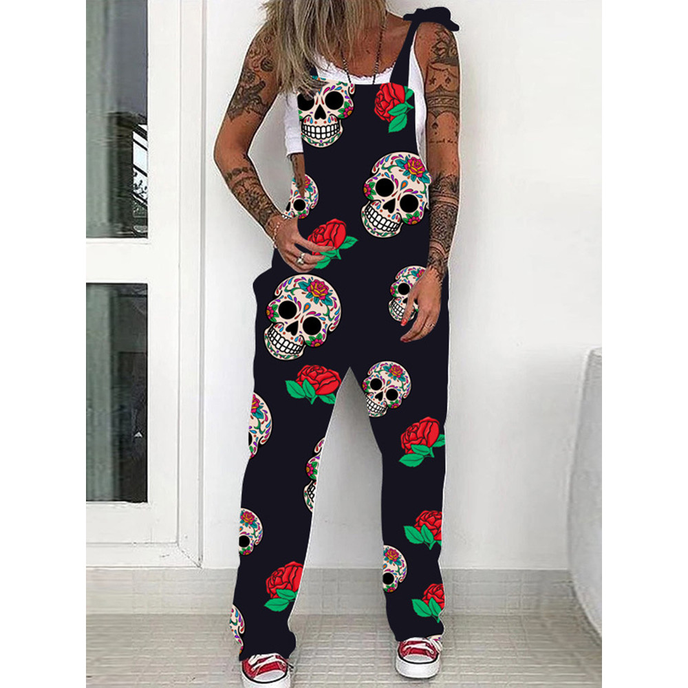 Floral Skull Print Casual Loose Jumpsuit