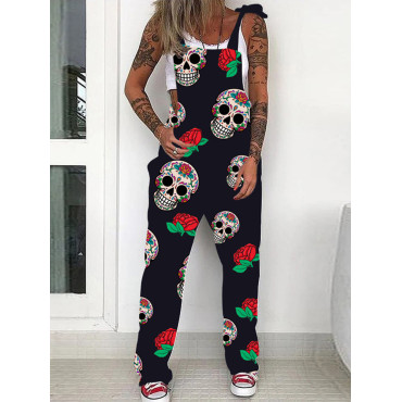 Floral Skull Print Casual Loose Jumpsuit