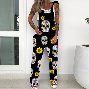 Floral Skull Print Casual Loose Jumpsuit