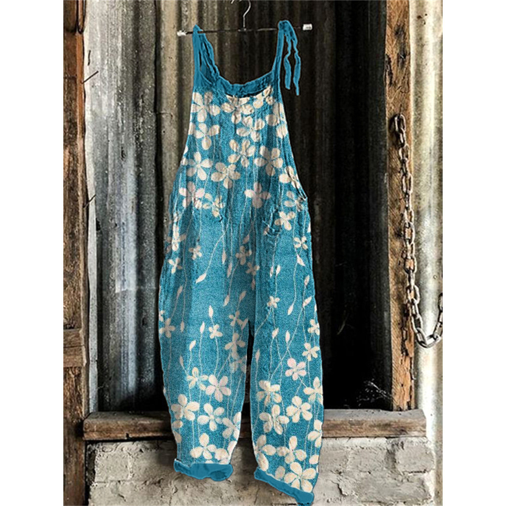 Floral Tie Dye Art Print Linen Blend Casual Jumpsuit