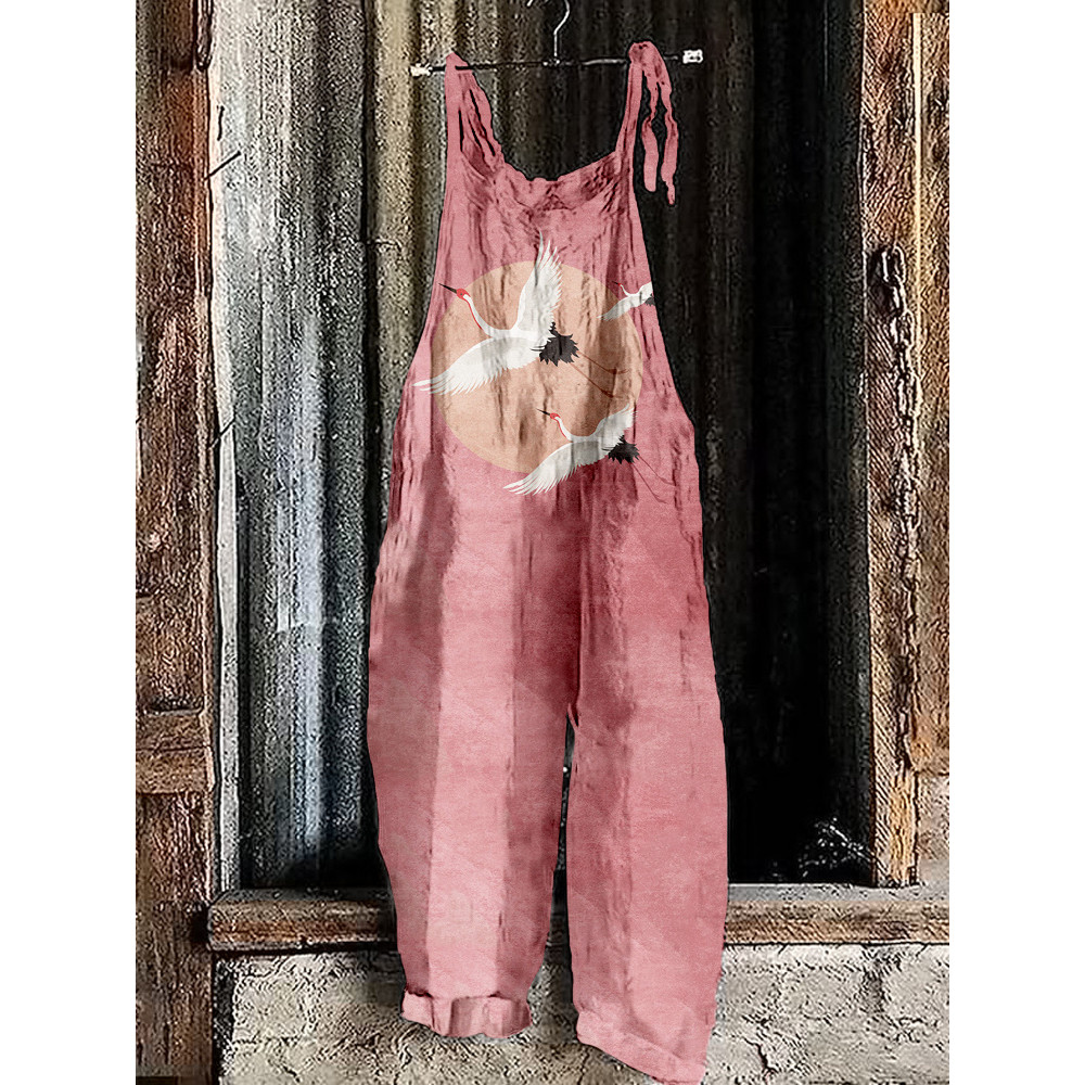Flying Cranes Japanese Art Linen Blend Jumpsuit