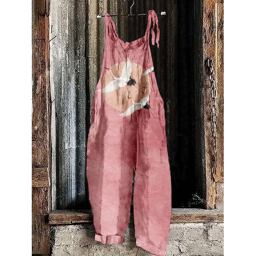 Flying Cranes Japanese Art Linen Blend Jumpsuit