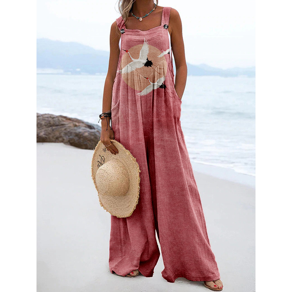 Flying Cranes Japanese Art Linen Blend Loose Fit Jumpsuit