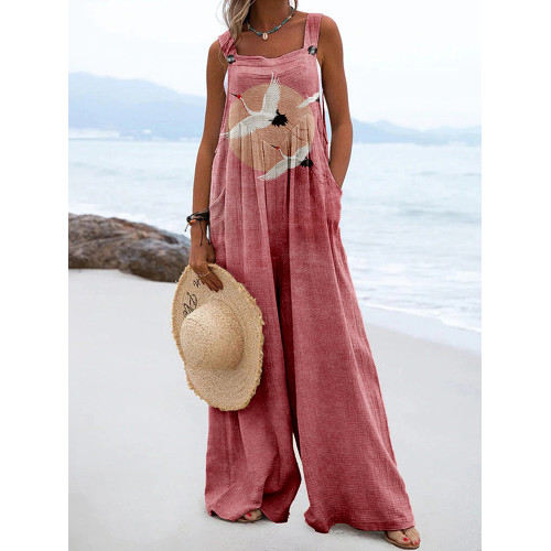 Flying Cranes Japanese Art Linen Blend Loose Fit Jumpsuit
