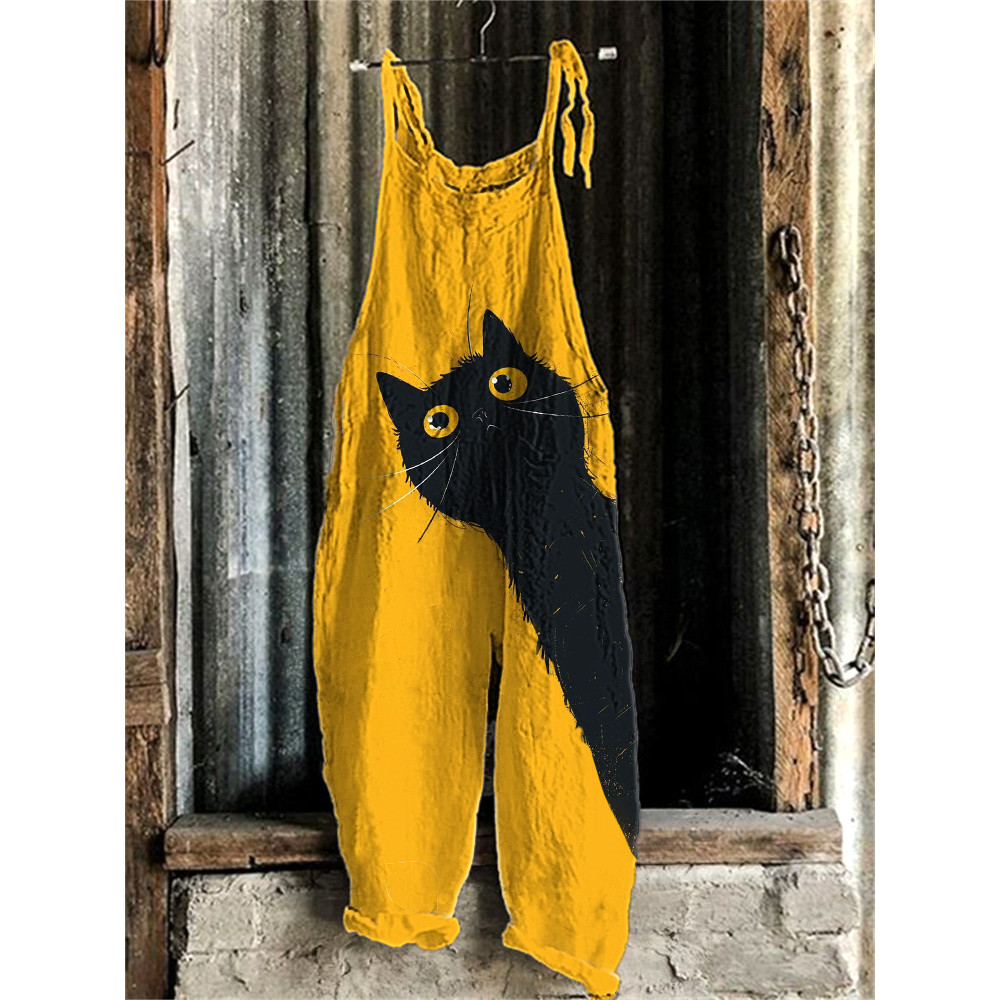 Funny Cat Print Linen Blend Casual Jumpsuit