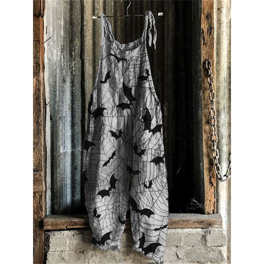Halloween Bats on Spiderweb Graphic Loose Fit Jumpsuit