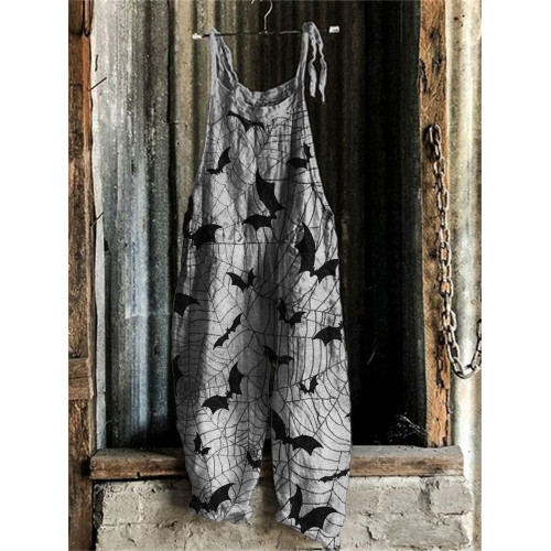 Halloween Bats on Spiderweb Graphic Loose Fit Jumpsuit