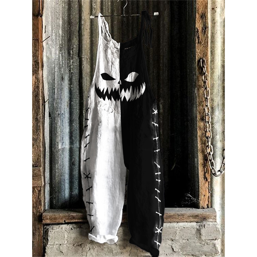 Halloween Spooky Pumpkin Face Stitched Contrast Color Jumpsuit