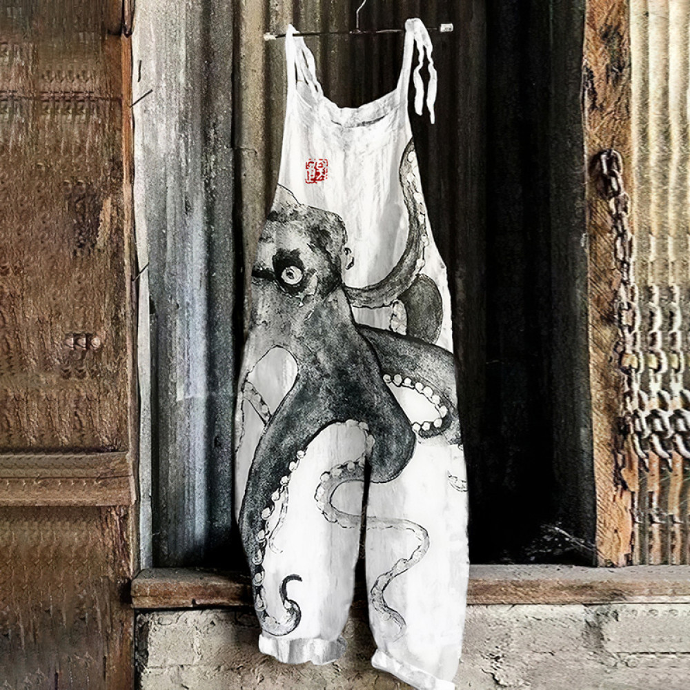 Ink Painting Octopus Print Casual Jumpsuit