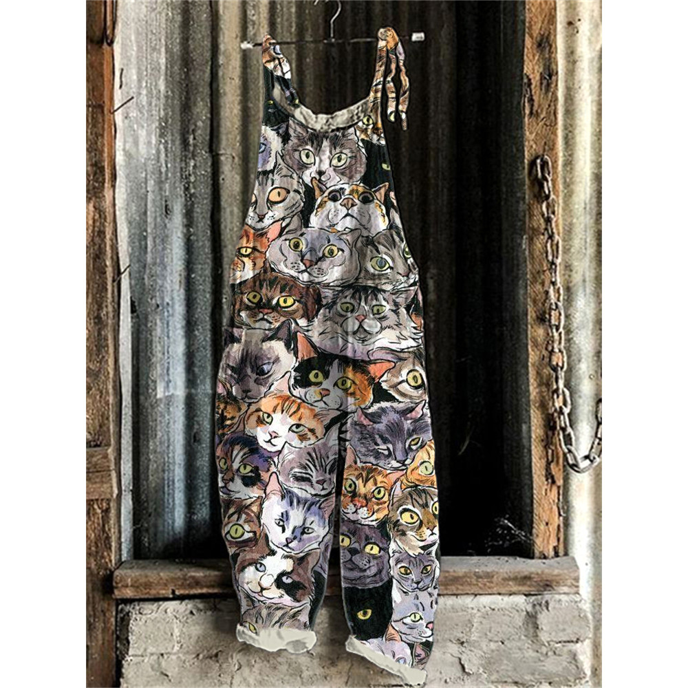 Japanese Art  Cat Print Cotton Blend Jumpsuit