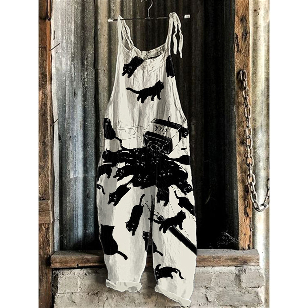 Japanese Art  Cat Print Cotton Blend Jumpsuit