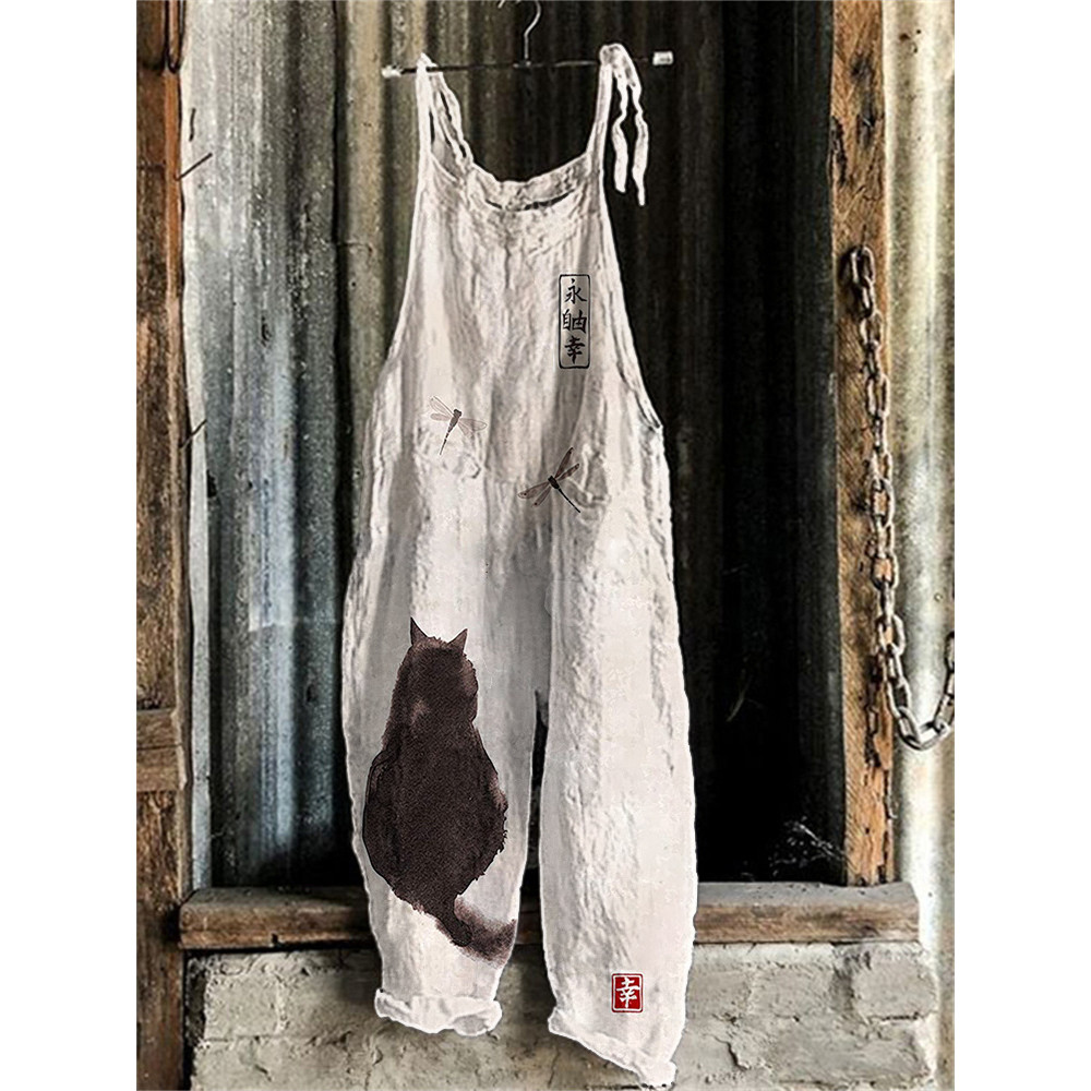 Japanese Art Cat Print Linen Blend Casual Jumpsuit