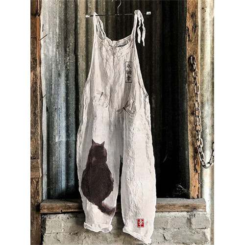 Japanese Art Cat Print Linen Blend Casual Jumpsuit