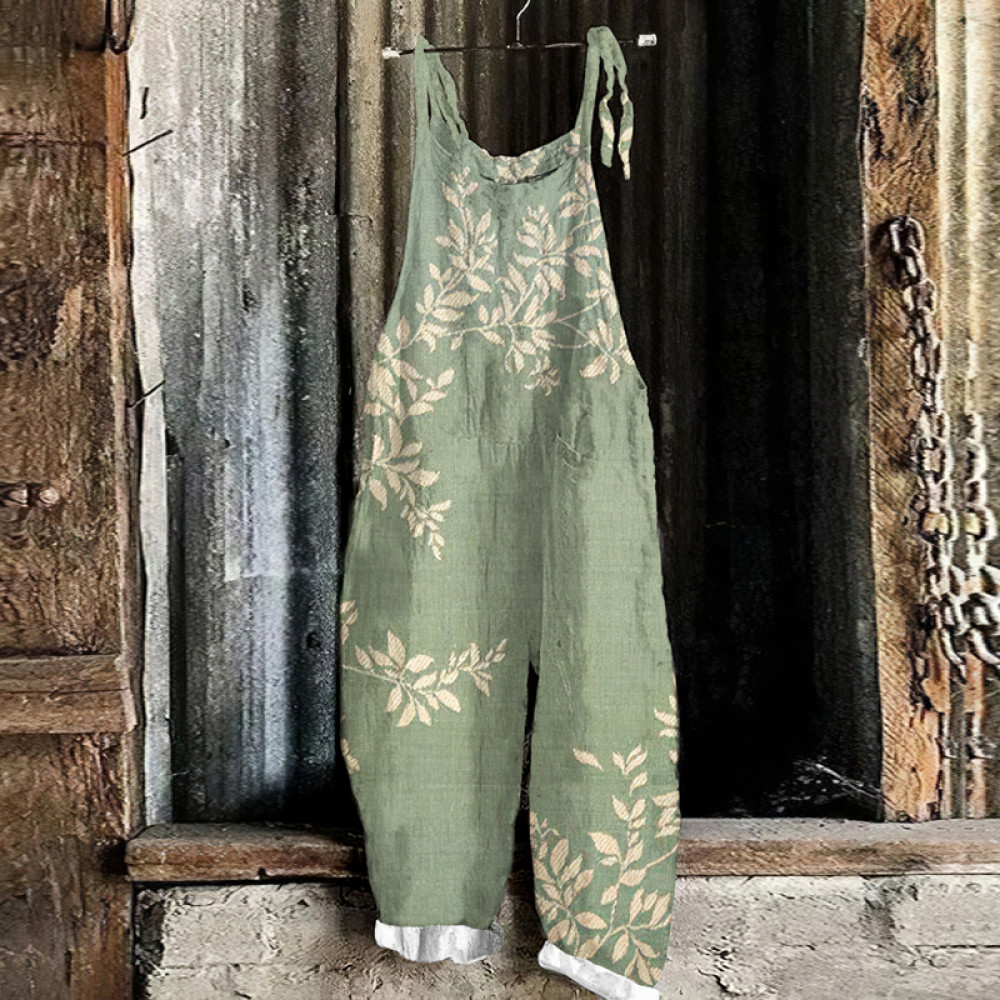 Japanese Art Flower Print Loose Jumpsuit