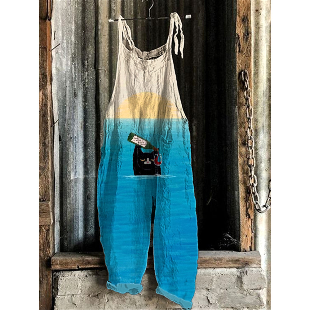 Japanese Art Funny Cats Print Cotton Blend Jumpsuit
