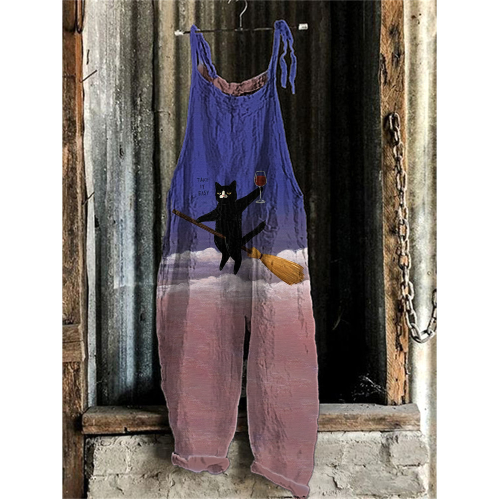 Japanese Art Funny Cats Print Cotton Blend Jumpsuit