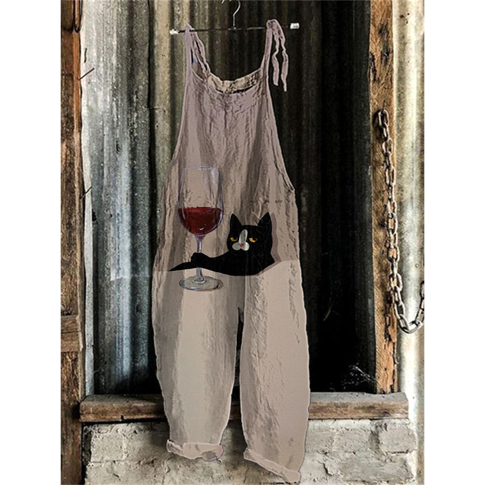 Japanese Art Funny Cats Print Cotton Blend Jumpsuit