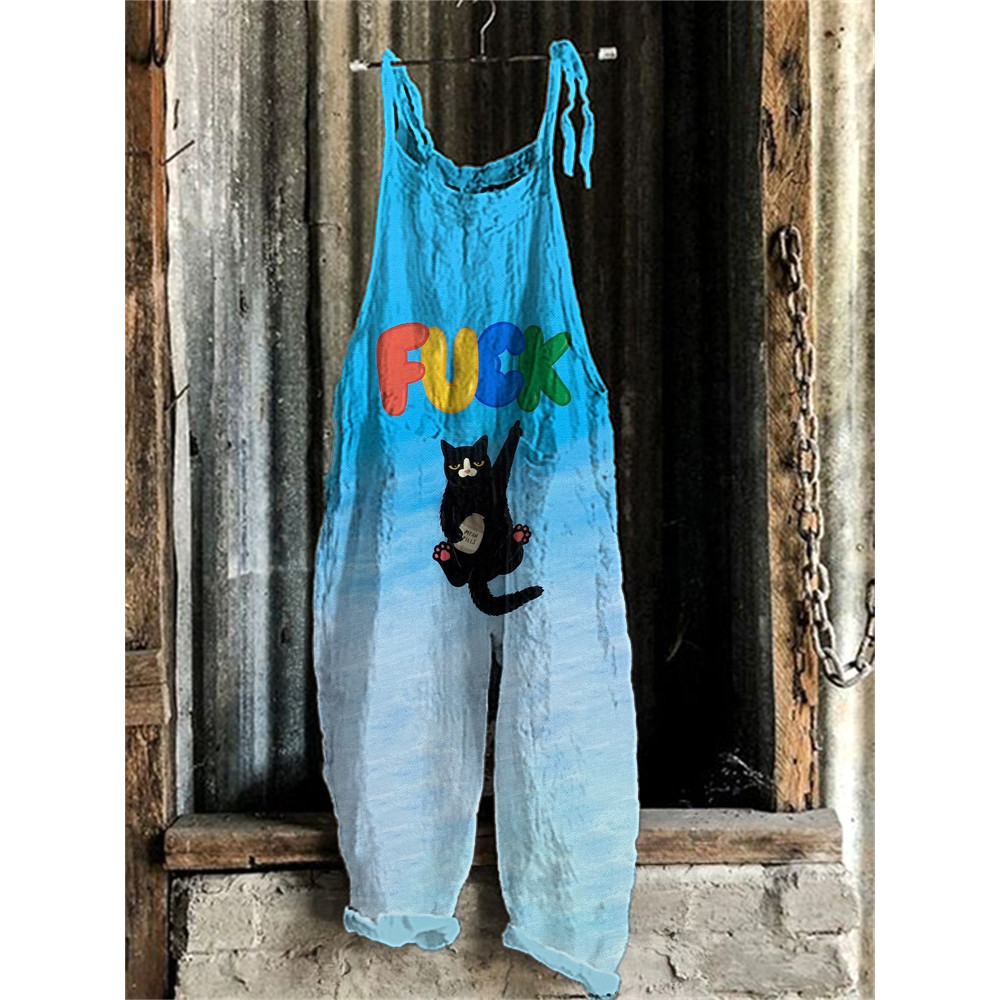 Japanese Art Funny Cats Print Cotton Blend Jumpsuit
