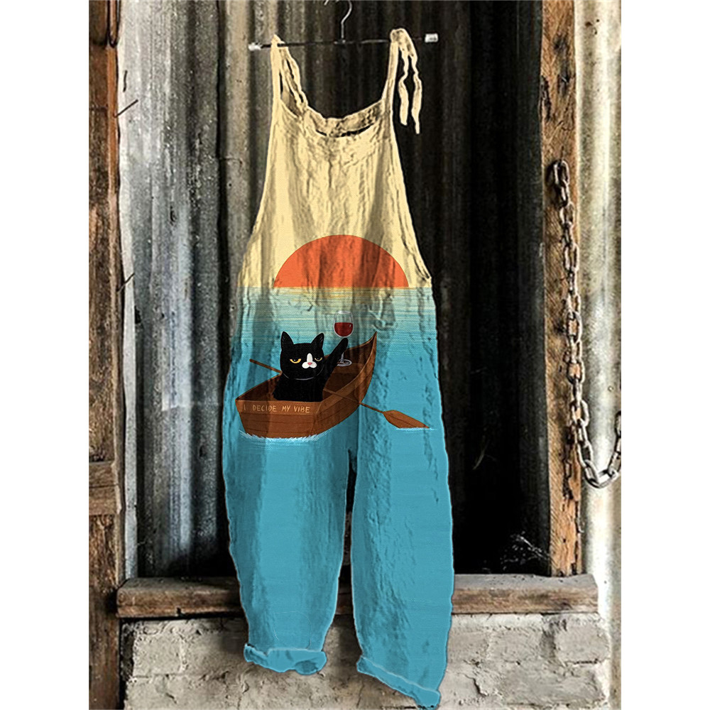 Japanese Art Funny Cats Print Cotton Blend Jumpsuit