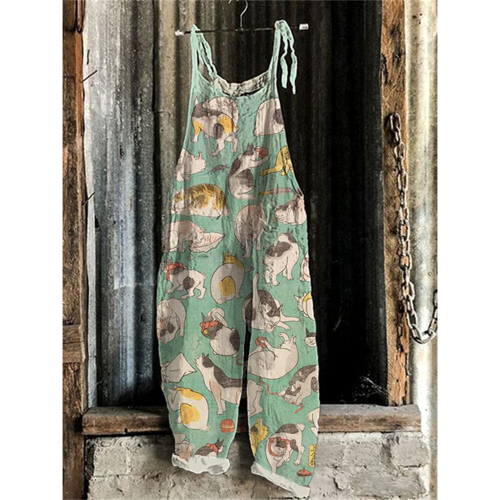 Japanese Art Lucky Cat Print Cotton Blend Jumpsuit