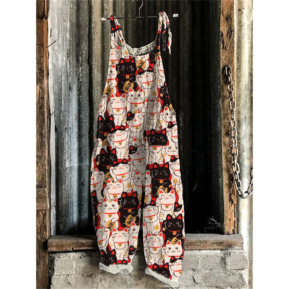 Japanese Art Lucky Cat Print Cotton Blend Jumpsuit