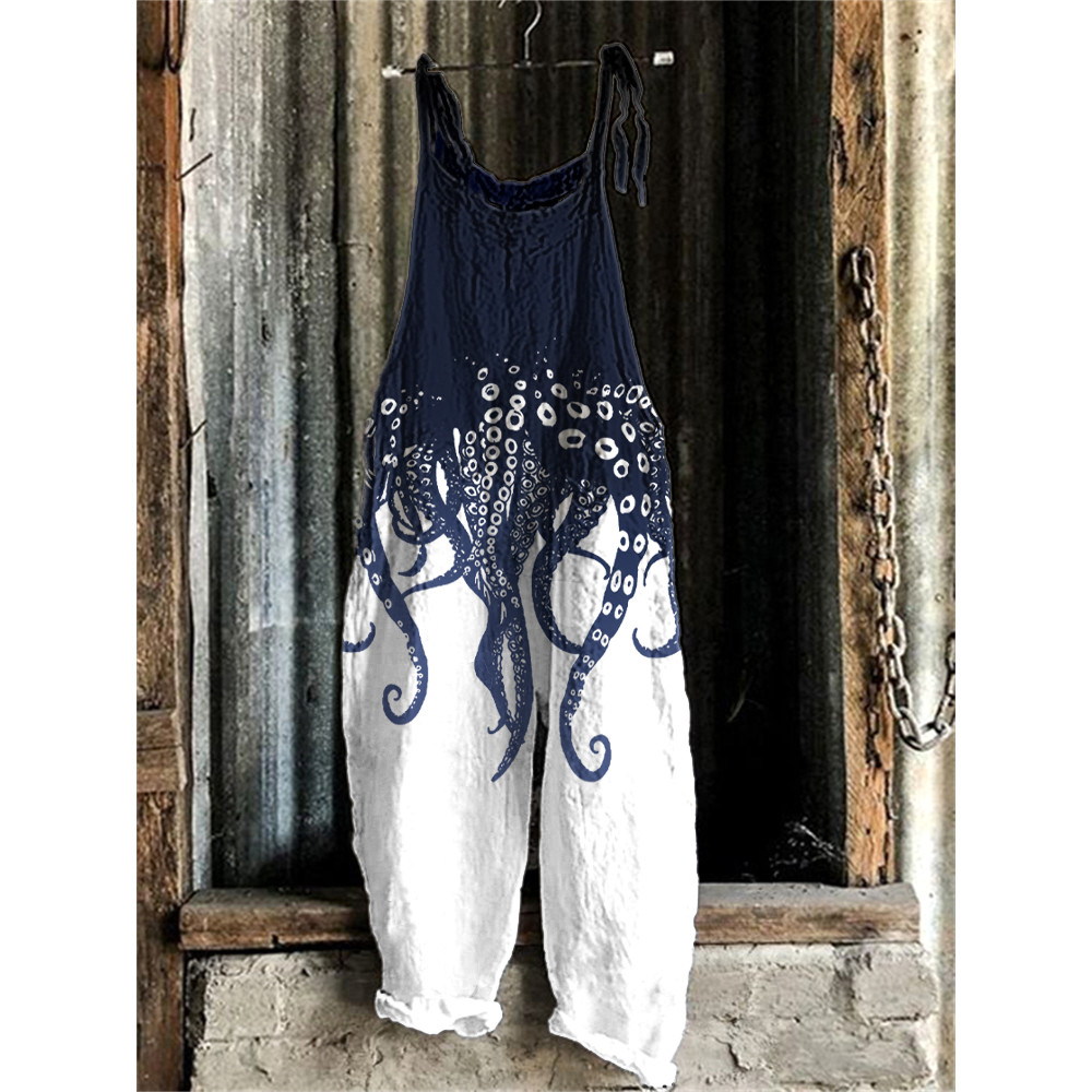 Japanese Art Ocean Octopus Print Cotton Blend Jumpsuit