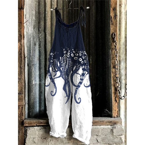 Japanese Art Ocean Octopus Print Cotton Blend Jumpsuit
