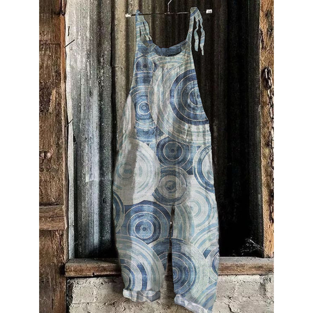 Japanese Art Ocean Print Linen Blend Casual Jumpsuit