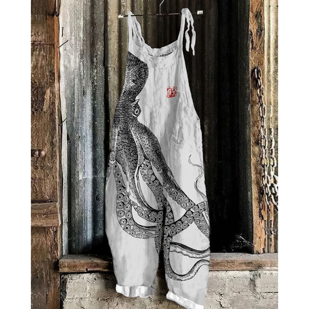 Japanese Art Octopus And Crab Print Casual Art Linen Loose Casual Jumpsuit
