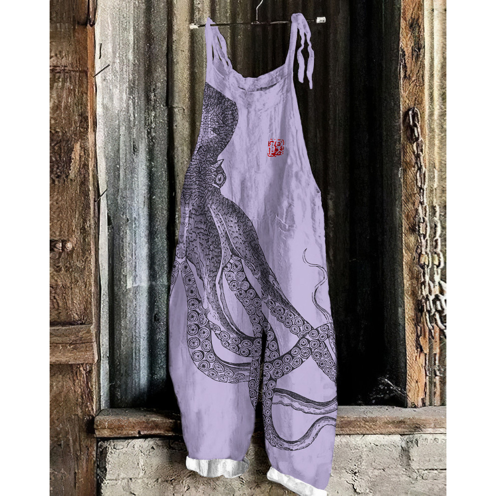 Japanese Art Octopus And Crab Print Casual Art Linen Loose Casual Jumpsuit