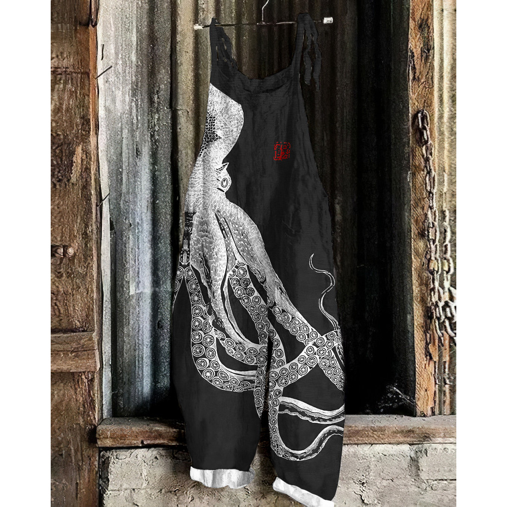 Japanese Art Octopus And Crab Print Casual Art Linen Loose Casual Jumpsuit