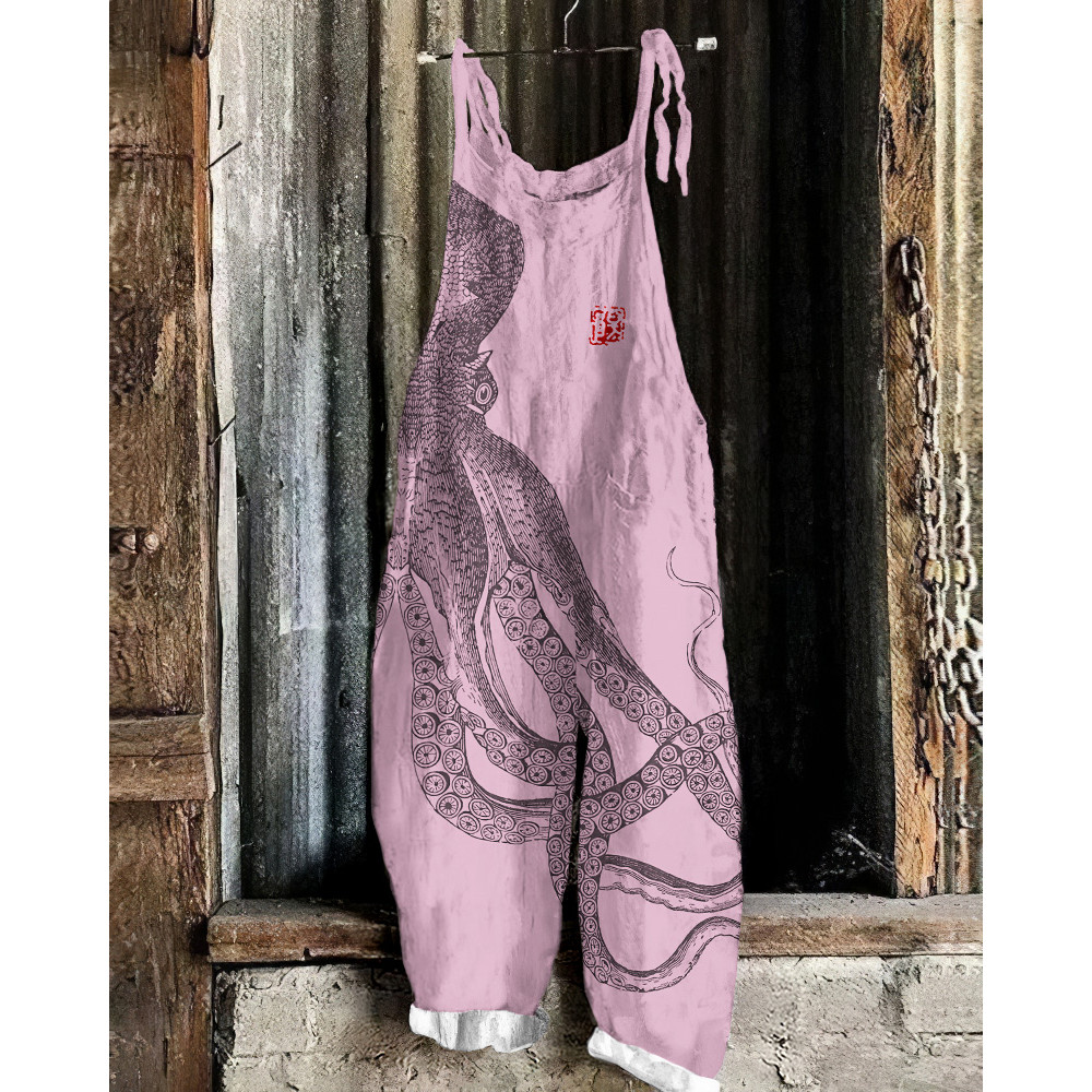 Japanese Art Octopus And Crab Print Casual Art Linen Loose Casual Jumpsuit