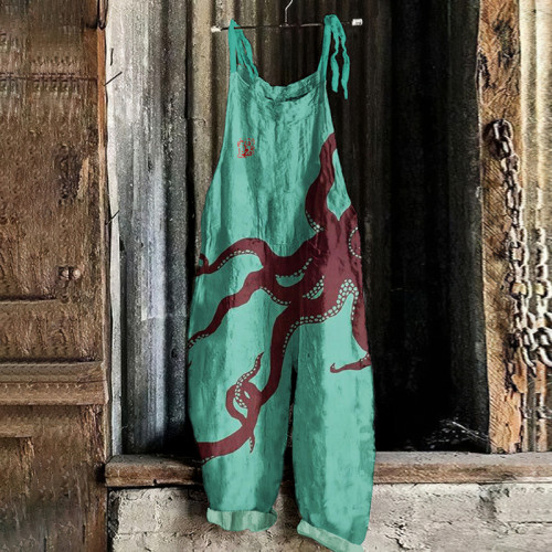 Japanese Art Octopus Print Casual Loose Jumpsuit