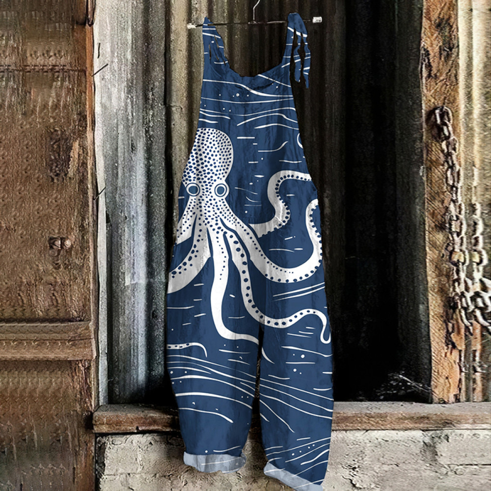 Japanese Art Octopus Print Casual Loose Jumpsuit