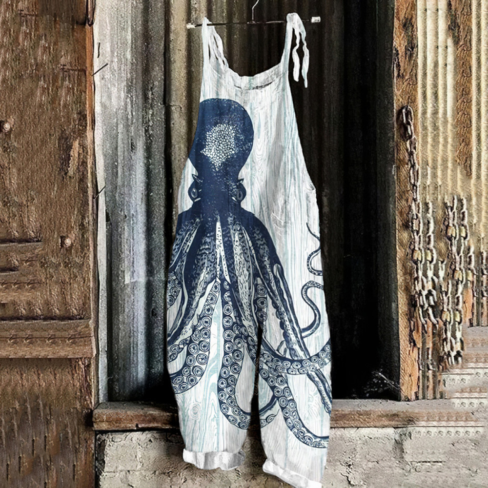 Japanese Art Octopus Print Linen Blend Casual Jumpsuit