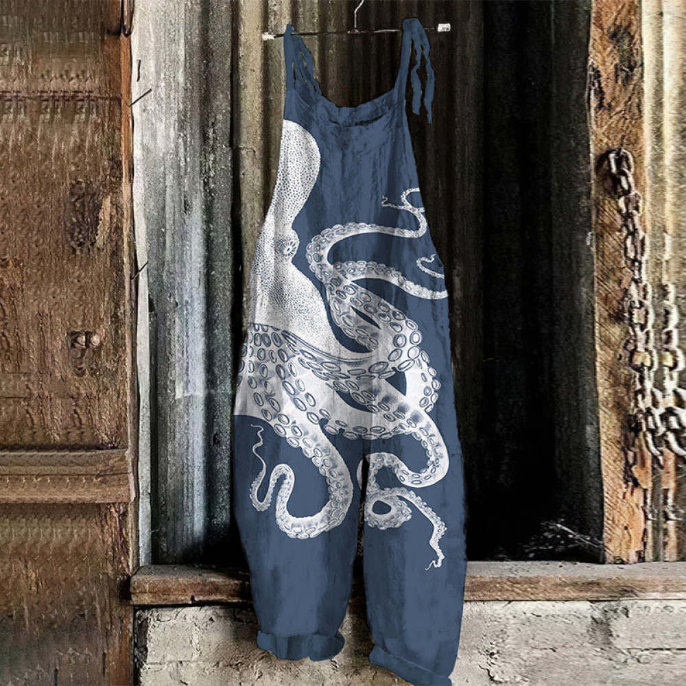 Japanese Art Octopus Print Loose Casual Jumpsuit